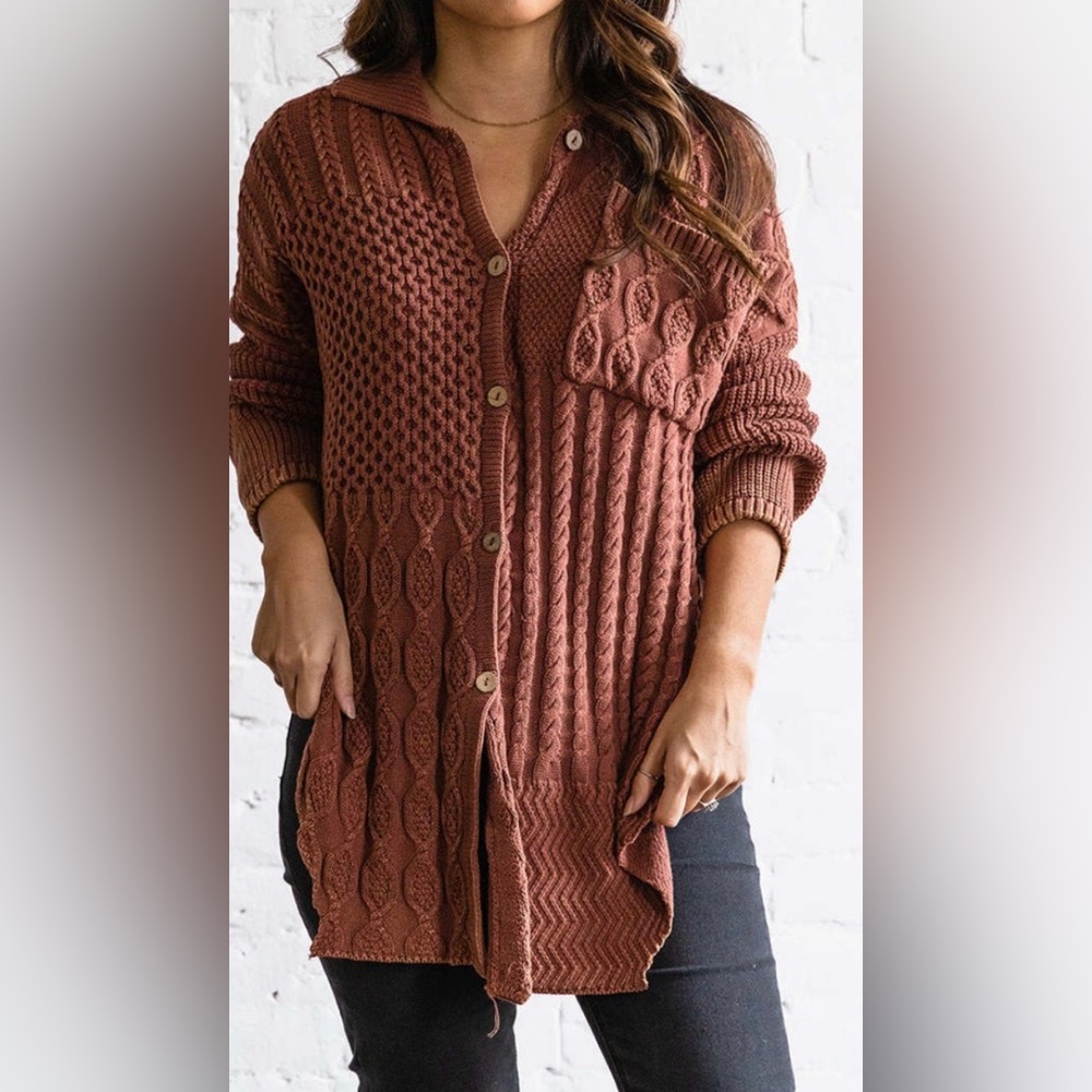 J.Nna Knit Boho Sweater Cardigan Dark Mauve Wooden Button Oversized Small